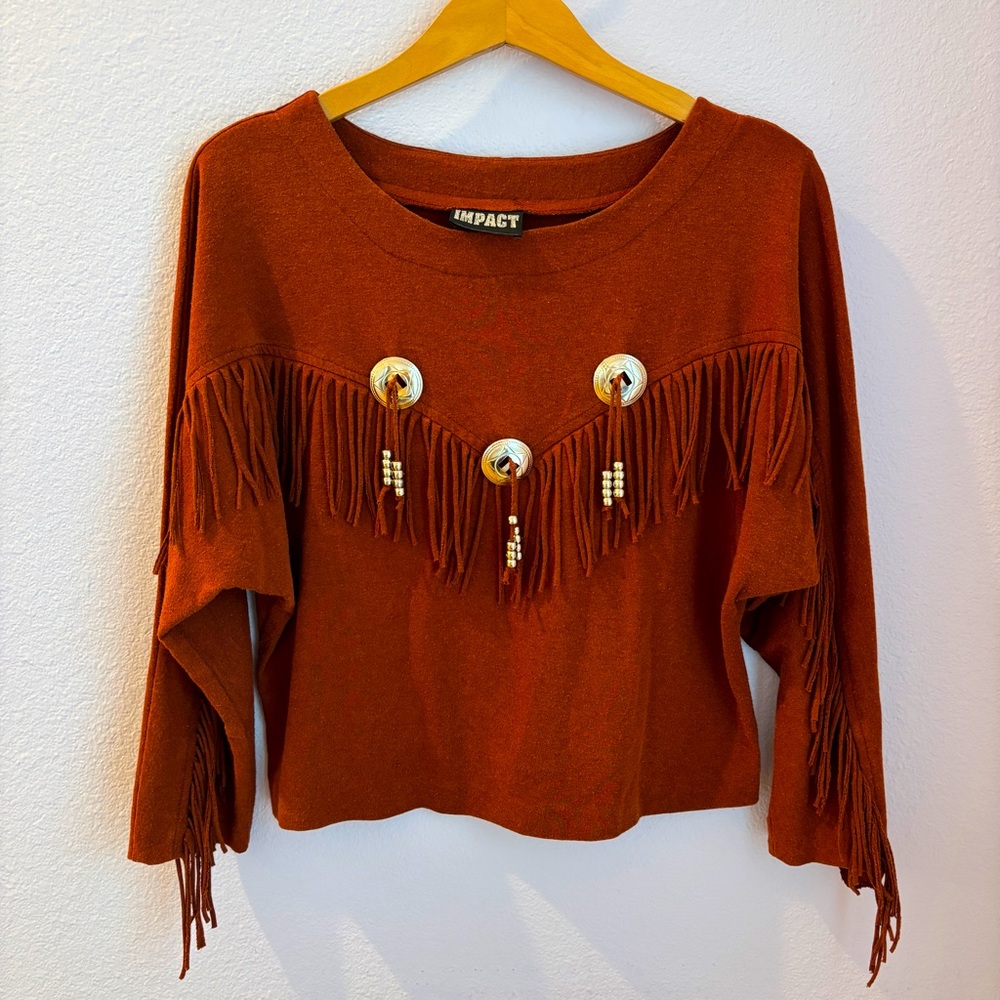 Vintage Burnt Orange Fringe Sweatshirt with Gold Buttons